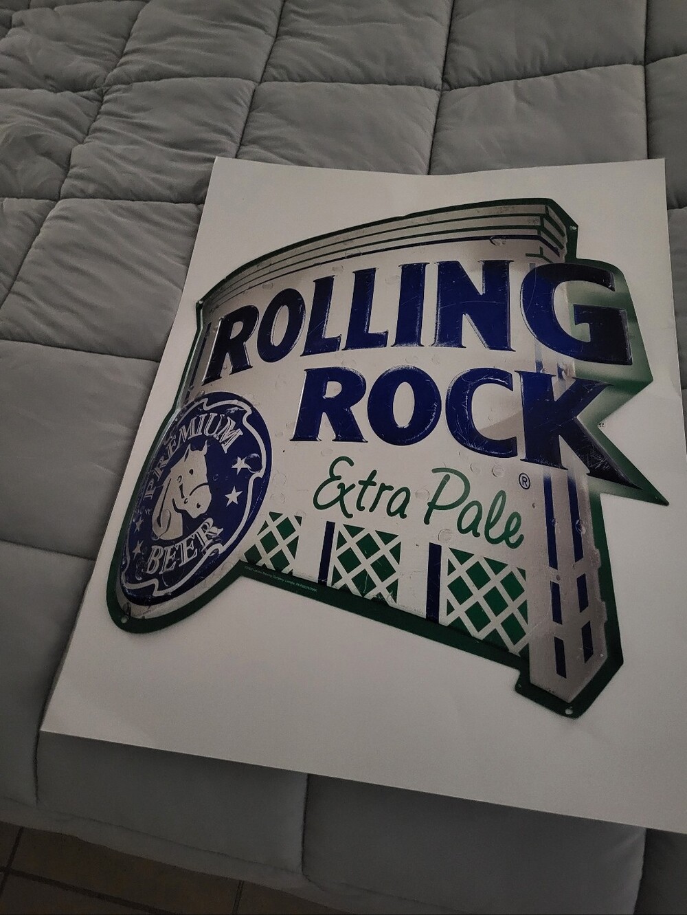 Rolling Rock Beer SIGN tin Extra Pale 2002 Premium Beer Blue & Green Latrobe